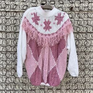 Vintage 90s American Weekend Pink Pastel Argyle Fringe Snowflake Sweater 20W
